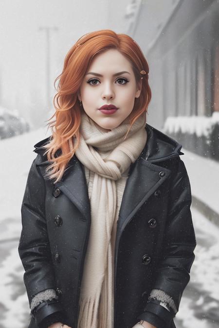 professional portrait photograph of luannaperez in winter clothing with short hair, freckles, beautiful symmetrical face, cute natural makeup, wearing elegant winter fashion clothing, ((standing outside in snowy city street)), stunning modern urban upscale environment, ultra realistic, concept art, elegant, highly detailed, intricate, sharp focus, depth of field, f/1. 8, 85mm, medium shot, mid shot, (centered image composition), (professionally color graded), ((bright soft diffused light)), volumetric fog, trending on instagram, trending on tumblr, hdr 4k, 8k