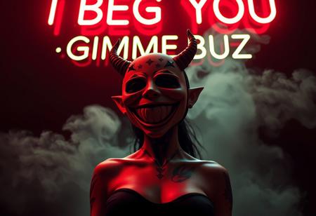 “A hyper-realistic, 3-dimensional full-figure photograph of a woman wearing a highrise mask with an exaggerated, wide, ecstatic smile and small, devilish horns curving from the sides. The mask, devoid of a nose or eyes, radiates unsettling joy, contrasting with the tattooed stars that decorate her face and add a surreal depth to her appearance. The figure stands confidently, with a dynamic pose that emphasizes movement. Shot with Panavision aspherical lenses at 40mm, the scene is illuminated by cinematic studio lights, highlighting the contours of her body. A soft red, low diffuse light glows from behind, enhancing the three-dimensional effect, while light greenish fog and white smoke swirl around her in layered wisps against a pitch-black background. Above the figure, bold glowing neon letters proclaim ‘I BEG YOU – GIMME BUZ,’ floating in space and injecting a rebellious energy into the surreal, immersive atmosphere.”