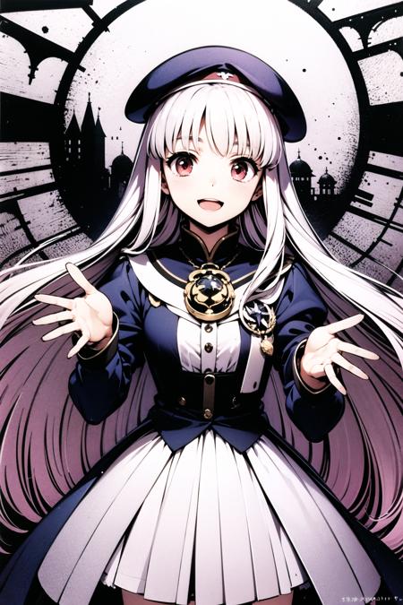 Azmaria Hendric, 1girl, solo, hat, long hair, open mouth, smile, red eyes, white hair, beret, skirt, looking at viewer, dress, :d, long sleeves,  <lora:Moriyama Daisuke_v2:0.8>