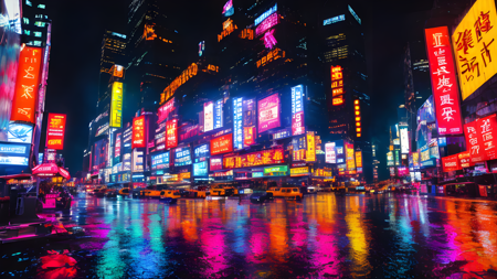 skyscrapers at night, view from the street, rain, water drops on camera, futuristic city centre, cyberpunk, colorful neon lights, bright colorful galaxies nebulas and stars behind buildings, highly detailed