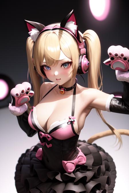 masterpiece, best quality,  <lora:last_lucky_cloe:0.5>, 1girl, animal ear headphones, animal hands, blonde hair, bangs, cat ear headphones, cat paws, fake animal ears, gloves, hair ornament, headphones, ribbon, twintails, pink theme, blue eyes, dress, lucky cloe, chocker, cat tail, concert,from above , glossy cloth,