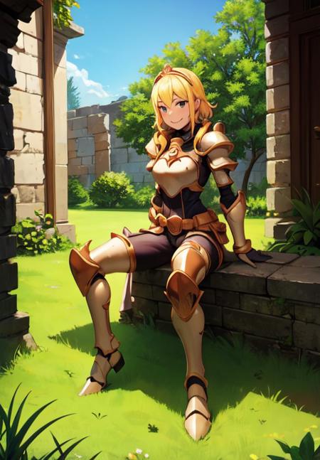 <lora:gate_bcp:0.8>, gate_bcp, smile, sitting, stonewall, grass, ruins, seductive