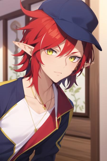 anime boy with red hair and yellow eyes