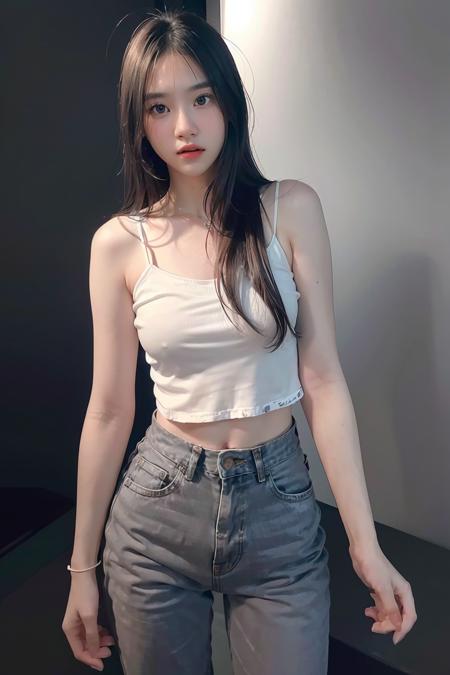 1girl, long hair, white camisole, jeans, (isolated on dark-grey background:1.2), dynamic pose, (soft lighting:1.2), shot on Canon EOS 5D,  best quality, ultra high res, (photorealistic:1.4), masterpiece, real life skin, hyper real, perspective, detailed beautiful eyes and detailed face,white background, <lora:yst_bell-04:1>