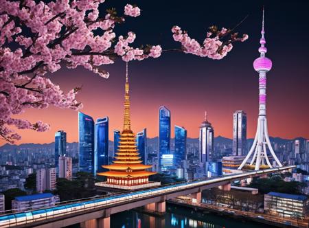 realistic photograph,futuristic dystopian city skyline,buddhist temple,((glass skyscrapers)),monorail,night,modern architecture,tv tower,sakura,