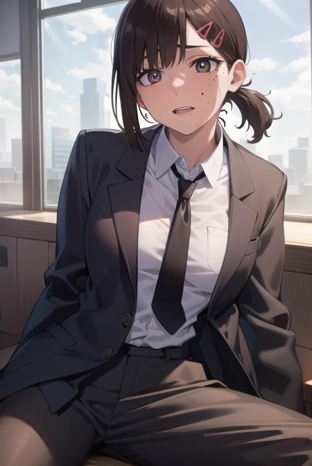 kobenihigashiyama, <lora:kobenihigashiyamatest:1>,
kobeni higashiyama, black hair, hair ornament, hairclip, mole, mole under eye, ponytail, short hair, (brown eyes:1.5), (small breast:1.2),
BREAK black necktie, black pants, business suit, formal, long sleeves, necktie, pants, suit, 
BREAK looking at viewer,
BREAK indoors, classroom,
BREAK <lora:GoodHands-vanilla:1>, (masterpiece:1.2), best quality, high resolution, unity 8k wallpaper, (illustration:0.8), (beautiful detailed eyes:1.6), extremely detailed face, perfect lighting, extremely detailed CG, (perfect hands, perfect anatomy),