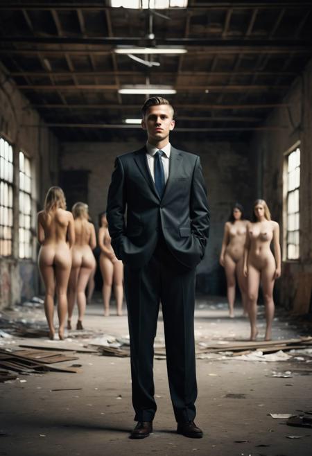 Surreal art print photograph. Abandoned warehouse space with dark surreal lighting. 
A man in a business suit stands in the midground. His face is an indistinguishable blur but his body is shalt on focus. Bokeh effect, man in suit in focus.  
He is surrounded by beautiful nude women.  They stand with hands behind backs submissively. All are beautiful and realistic.