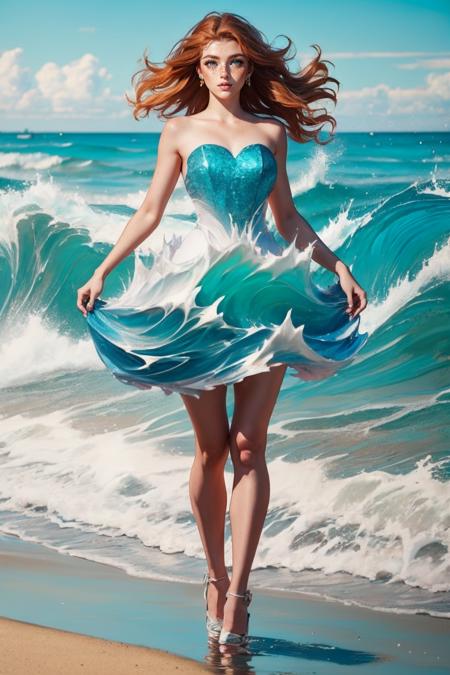 cr4sh1ngw4v3s, strapless, blue dress, dress made of waves,