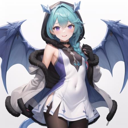 (masterpiece, best quality:1.2),illustration,8k,hd,1girl,solo,cowboy shot,shefi (princess connect!),fur trim,tail,dragon tail,horns,purple eyes,dragon girl,dragon horns,wings,gloves,pantyhose,white dress,dress,looking at viewer,dragon wings,coat,braid,blue hair,black gloves,hooded coat,boots,hood down,smile,ice,long hair,bangs,sleeveless,single braid,fur-trimmed coat,open coat,blue wings,fur-trimmed hood,hood,bare shoulders,black pantyhose,hair over shoulder,fur-trimmed boots,<lora:Shefi(pri)>,