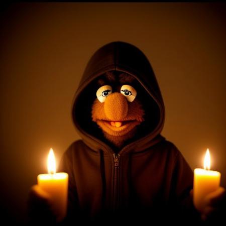 A muppet looking surprised in a hooded cloak in a dark room surrounded by candles, dark spooking, hiding