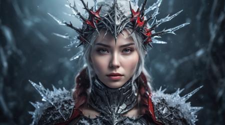 a fantastic space world, world of war, 1 woman, 2 red thorns made by ice, wearing an armor made by ice, sharp thorns in the armor, big technological ships in the background, epic style, war style, night time, frozen armor, depth of field, film grain, movie lighting, ultra sharp, fantastic character, surrealist character, dark world, dark theme, (((centered))), portrait, face covered with frozen thorns, 3d render, black thorns