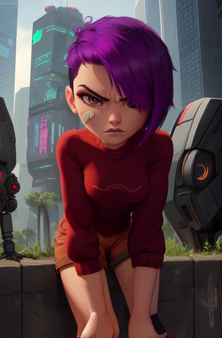 mai, short hair, bandaid on face, purple hair,  hair over one eye,  brown eyes, 
orange shorts,    red shirt, long sleeves,  kneehighs, 
upper body,  robots,   leaning forward,   angry, 
cyberpunk,  soccer field, morning, 
(insanely detailed, beautiful detailed face,beautiful detailed eyes, masterpiece, best quality) 
 <lora:maisu:0.7>