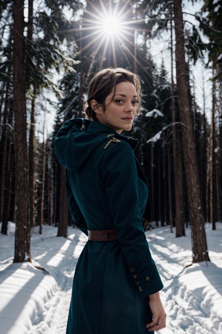 best quality, very detailed <lora:marioncotillard:0.8> marioncotillard, a woman,  sun light, winter, snow, forest