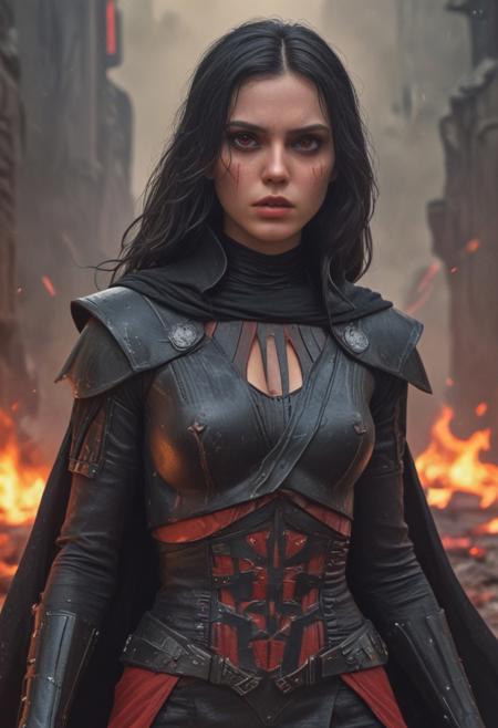 High resolution ultra-realistic of Beautiful Dark Sith girl, 8k, capturing the intensity of the moment, cinematic lighting, standing on a bloody and turbulent battlefield in a bloody battle, wavy black hair, realistic dirty pale face, realistic red eyes, beautiful hourglass figure, burning in a Star Wars Town, intricately designed cloth dirty black-red robes, Star Wars Aesthetic, perfect athletic figure, beautiful Dark Sith Knightess, ultra realistic, cinematic style, vigorous and seductive, athletic figure, Star Wars style, dramatic lighting, wet and sweaty skin, dirty pale skin, athletic figure, dark fantasy, dramatic lighting, Greg Rutkowski style, Dark Sith Knightess on in Jedi dress, hyper-detailed, hyper-realistic, natural light, extremely intricate details, masterpiece, epic, bright colours, Attractive 21 old years girl, beautiful firm Breasts, sharp focus, digital painting, Photograph Taken on Nikon D750, Alphonse Mucha, 8K, athletic figure, Hyperdetailed, hyperrealism, Attractive, Attractive bust girl, asymmetric balance
