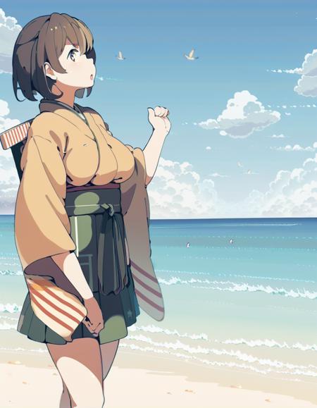 dynamic angle, masterpiece, best quality, anime screencap eyecatch, solo, looking at viewer, head-on view of 1girl standing up facing viewer over a detailed illustration of a beach, hiryuuchan, (one side up:1.22) brown hair, brown eyes, orange kimono with wide furisode sleeves, cute, pixiv, best lighting, finely detailed eyes, depth of field, Japanese clothing, white socks, japanese geta sandals, large breasts, (red stripes:0.6), both hands visible <lora:hiryuu_counterfeitxla_1-08:0.9>
BREAK green hakama, hakama short skirt, miniskirt