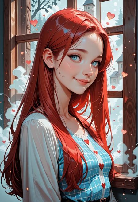 masterpiece, best quality, 32k, high resolution, absurdres, HD32k, 1girl solo, Joana free, Joana, long straight hair, light blue eyes, slim, red hair, small breasts, shy smile, peaceful,composed, depicted, pop_art, halftone_patterns, parted bangs, matt_skin, squares, splash_art, splattered_frame_border, dreamy_look, curious, joy, solo, serene expression, squares, fog, window, dreamlike, front_particles, fairytale_landscape hrtdrp, Hearts Drips,