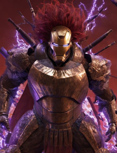 starscourgexl iron man,full armor,general radahn,glowing purple electricity,horned helmet,red hair,tusks,red background,epic,awardwinning,masterpiece,((realistic)),128k UHD,octane render,sharp focus,trending on artstation,raw photograpy, <lora:Starscourgexl-step00000357:1>