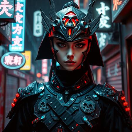  A photorealistic full-body vertical portrait of a fierce goth vampire samurai girl with pale skin and sharp, aggressive features, set in a dystopian Neo-Tokyo inspired by Blade Runner. She has intense goth makeup with heavy black eyeliner and dark eyeshadow, and a cold, defiant gaze. Her mengu mask is gothic and futuristic, with skull motifs, spiked edges, and glowing engravings in neon red and electric blue. Her samurai armor blends tribal and cyberpunk influences: black carbon fiber plates, crimson LED accents, turquoise circuitry, and angular, tech-enhanced design elements. She stands confidently in a rain-slick neon-lit alley, surrounded by holograms, mist, and glowing kanji signage. The atmosphere is dark, cinematic, grainy like 16mm film, and full of cyberpunk tension. No text or letters appear in the image.   The atmosphere is moody and cinematic, with soft bokeh, dramatic lighting, and a grainy 16mm film look. Highly detailed, rich in emo and goth influence, with no text or letters in the image.

Simulating Kodak Ektacolor Pro 160, with a custom white balance at 5500K. cinematic lighting, analog film, film grain, kodak chrome, cool cinematic tones,high contrast, sharp details, with moody lighting that adds depth,. (cinematic atmosphere:1.3), deep photo, depth of field, (black hair)), , (ambient occlusion), (cinematic lighting:1.3), (4K image quality:1.3), (sharp detail:1.3), (highly realistic:1.3), (dim warm cinematic lighting:1.3)
