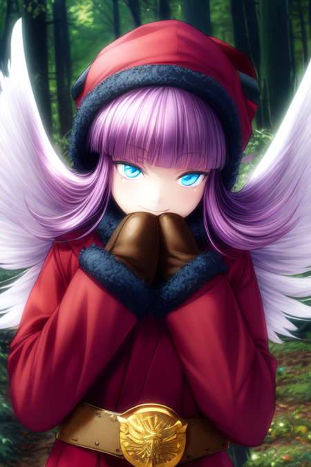 smile, half-lidded eyes, dark forest background, night, glowing eyes, more_details:-1, more_details:0, more_details:0.5, more_details:1, more_details:1.5, Muu Shuwuu, purple hair, white hair, two-tone hair, hair wings, blunt bangs, long hair, brown mittens, brown boots, white pantyhose, black fur trim, black fur collar, red coat, gold belt, blue eyes, red hat, long sleeves, nice hands, perfect hand