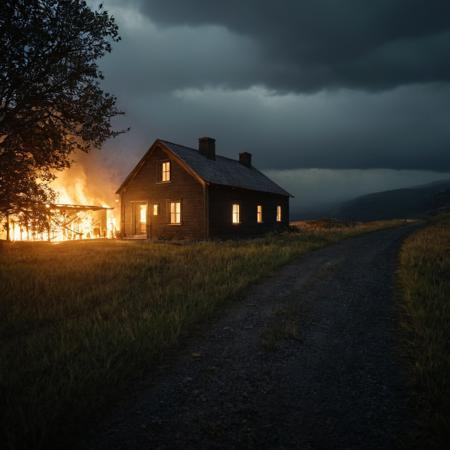 cinematic film still of cinematic film still of  <lora:Hyperrealism style:1> sharp detailed,
a dark sky with a house and a light in the dark,outdoors,sky,cloud,tree,no humans,night,cloudy sky,grass,fire,nature,scenery,mountain,road,dark,house , realistic, real, photo real, cinematic, dramatic, film look, dramatic light, unreal engine, 3D computer graphics, hdr, Hyperrealism Style, shallow depth of field, vignette, highly detailed, high budget, bokeh, cinemascope, moody, epic, gorgeous, film grain, grainy