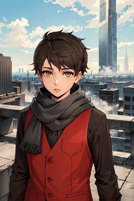 twenty-fifth bam, 1boy, red vest, black shirt, long sleeve, scarf, solo, looking at viewer, upper body, potrait, tower, cityscape, sky, spacecraft, skyscraper, fantasy, fog, (masterpiece:1.2, best quality)