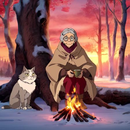 high-definition 8k anime screencap in mnst artstyle of an old woman sitting on a tree bark next to a cat that is sitting on the ground in front of a campfire in a snowy forest during winter during dusk during a red sundown enjoying a hot coffee