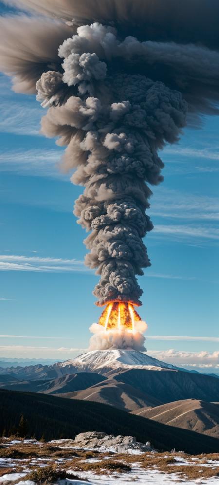 top of a mountain with explosion in the background of a nuclear bomb