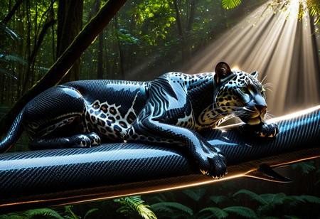 Highly detailed photographic image of a jaguar with incredibly intricate black carbon fiber "fur" resting on a large tree branch in the rainforest. The photorealistic natural forest surroundings an ironic contrast to details of the futuristic jaguar's woven carbon fiber coat against the natural photoreal tree texture; showcasing the jaguar's distinctive beauty and muscular build in the many intricate woven strands. The rainforest environment should be highly photorealistic, natural tree branch,  lush and vibrant, filled with a variety of realistic green foliage, exotic plants, and dappled sunlight filtering through the canopy above. Incorporate dramatic lighting to enhance the atmosphere, creating a sense of depth and intrigue. Include subtle elements such as mist or gentle rain to add to the mood, while ensuring the surreal carbon fiber jaguar remains the focal point of the composition. (Highly cinematic scene with natural surroundings; highly focused detail on the subject; beams of sunlight reflecting on the animal's unique carbon fiber fur; masterpiece scene; dramatic composition, 4k resolution, finely detailed texture)