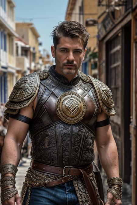 Greek Mythology Movie Style, a masculine male, age 40, white background, 3d printed, hdr, 8k,intricate details,cinematic light,sharp focus,vibrant color scheme,atmospheric perspective,<lora:muscle_slider_v1:1> <lora:detail_slider_v4:2>  <lora:skin_slider_v2_1_FACE:0.7> <lora:skin_tone_slider_v1:0.6> <lora:epiCRealismHelper:0.7>, wearing leather clothes, short hair,