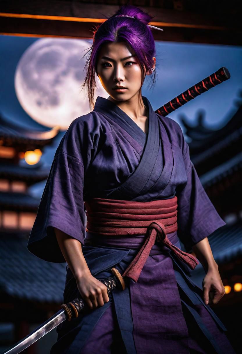 20yo Female ninja (Sekiro), purple hair, big breast, wearing sexy ninja dress, detailed eyes, on the roof of a Japanese temple, full moon at his back, (cinematic lighting:1.3), full body, Fujifilm XT3,(sharpen light:1.2),(intricate shadows:1.3),((heroic:1.6)),cinematic shot,perfect eyes, Canon RF85mm f/1.2, masterpiece ,best quality,ultra high resolution,cinematic lighting,reflections,HDR,8K resolution,