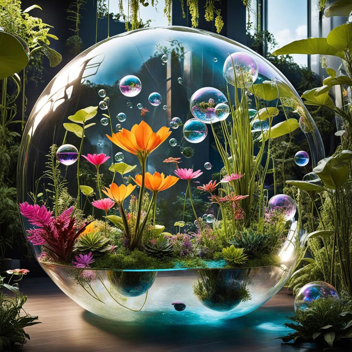A 3D model of a glass sphere with a flower garden inside of it.