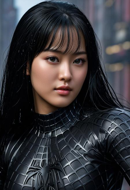 score_9, score_8_up, score_7_up, best quality, realistic, masterpiece, beautiful detail, hyperrealistic, ((1girl, woman body, big breasts)), amazing detailed full body of a cute korean girl, cute face, wearing a realistic and highly detailed black raimi spider-man suit, ((huge muscular girl)), professional model wears ultra - detailed black raimi spider - man suit, ultra - detailed and grained black raimi spiderman suit, suit covered entire body and hand, black spiderman gloves, wet, close up, black hair, octane render, highly detailed, volumetric, dramatic lighting, (highest quality:1.1), (HDR:1.3), (top quality, best quality), realistic, high definition, masterpiece, 8k, best quality, best illumination, best shadow, an extremely delicate and beautiful, finely detail, depth of field, classic, highres, perfect lighting,