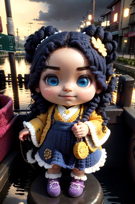 yarn,(masterpiece),(best quality),(ultra-detailed), (full body:1.2),hard rim lighting,((dramatic lighting)),sharp focus,, 1girl,(beautiful detailed face), (beautiful detailed eyes), chibi,cute,smile.
worried,pastel colors,yellow theme hair, blazer,crawling, hanfu,food-themed hair ornament,bandaid,trench,phone booth,alley,Riverbanks,Signal poles,Pier signs,School signs,Water surfaces,,