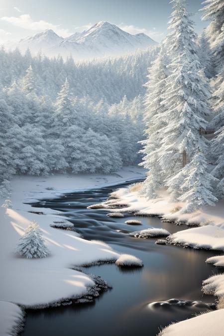 Minimalist landscape featuring a tranquil river flowing through a sparse forest of bare trees with a small hill visible in the distance,masterpiece, best quality, high quality, extremely detailed CG unity 8k wallpaper, oil paiting, award winning photography, Bokeh, Depth of Field, HDR, bloom, Chromatic Aberration ,Photorealistic,extremely detailed, trending on artstation, trending on CGsociety, Intricate, High Detail, dramatic, art by midjourney, volumetric lighting