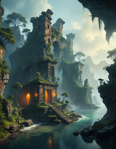 A mysterious island, shrouded in fog and mystery, with a sense of adventure and intrigue, reminiscent of Christopher Balaskas and Clyde Caldwells art style, featuring ancient ruins, hidden temples, and mythical creatures, all rendered in a hyperrealistic, photorealistic style with 8K sharp focus, cinematic lighting, and a rich, vibrant color palette.