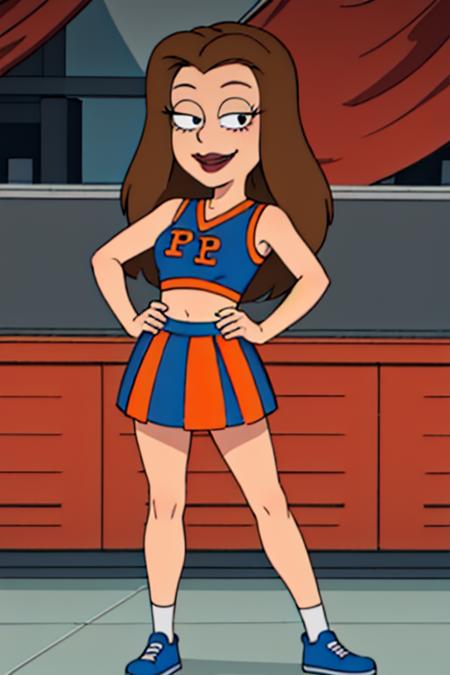 lisasilver, brown hair, 1girl, cheerleader, smile, skirt, shoes, lipstick,looking at viewer, smile