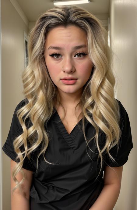 @trinity morisette, Trinity Morisette \(Person\), masterpiece, 1girl, black eyes:1.5, nose, blonde hair, closed mouth, eyeliner, closed mouth, looking at viewer, long hair,red parted lips, medical scrubs,  background:  hospital hallway, <lora:Trinity-Morisette:0.7>