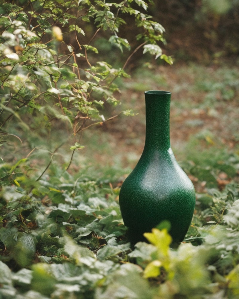 ,a large green vase with a handle on   loose soil  fantasy, 1970s dark fantasy movie, haze, halation, bloom, dramatic atmo...