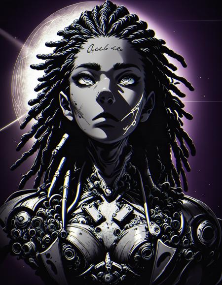 Alien-themed score_9, score_8_up, score_7_up, 80s-anime-ai, 1girl, futuristic shaman, looking up, ritual robe, cleavage, dreadlocks, halfmoon in background  <lora:Xenotrip_v.2:1> xenotr1p, colored,  grunge background, purple theme, black theme,  <lora:43stl1ght1ngXLP2:0.7> 43stl1ght1ng, low light, dramatic lighting, darkness, spotlight, lensflare, lensleaks, (scanlines, chromatic aberration, grain, film grain:1.4) volumetric fog, light rays, godrays,  <lora:Pony_DetailV1.0:1> . Extraterrestrial, cosmic, otherworldly, mysterious, sci-fi, highly detailed