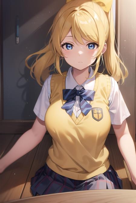 eliayase, <lora:eliayase-lora-nochekaiser:1>, 
eli ayase, yellow hair, blue eyes, ponytail, hair ribbon, 
BREAK otonokizaka school uniform, pleated skirt, school uniform, short sleeves, skirt, summer uniform, sweater vest, (yellow sweater vest:1.5),
BREAK looking at viewer,
BREAK indoors, classroom, 
BREAK <lyco:GoodHands-beta2:1>, (masterpiece:1.2), best quality, high resolution, unity 8k wallpaper, (illustration:0.8), (beautiful detailed eyes:1.6), extremely detailed face, perfect lighting, extremely detailed CG, (perfect hands, perfect anatomy),