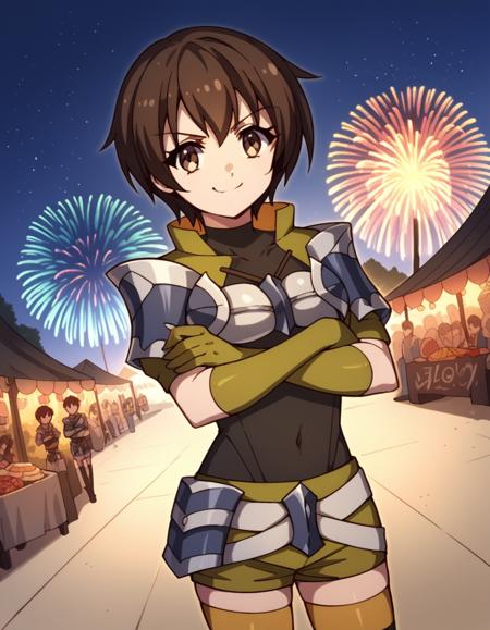 rion, short hair, brown hair, brown eyes, thighhighs, gloves, elbow gloves, armor, shoulder armor