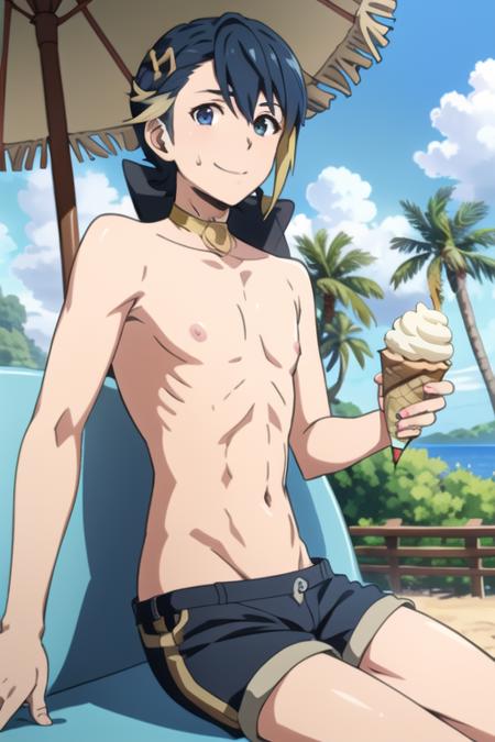 best quality, masterpeice, 1boy, alfonse \(fire emblem\), fire emblem, fire emblem heroes, blue hair, black hair, blonde hair, gradient hair, two-tone hair, short hair, hair between eyes, hair ornament, blue eyes, facing to the side, looking at viewer, sideway glance, pov, happy, light smile, solo, solo focus, outdoors, beach, beach towel, sitting, dutch angle, cowboy shot, sweat, sweatdrop, shorts, underwear, male underwear, nipples, collarbone, flat chest, muscular male, day, cloud, palm tree, under tree, holding, holding food, ice cream, ice cream cone, holding ice cream, eating,