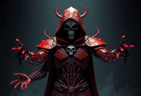 "A hyperdetailed 3D rendering of a mysterious and grimdark character, predominantly red with a black hood adorned with a skull, symbolizing danger and power. The character’s body is a complex assembly of mechanical parts, blending organic and synthetic elements, featuring a grid-like pattern for depth and complexity. The character’s arms are outstretched, with an intense gaze, creating a sense of anticipation and readiness. The dark Temple of the Mind’s Eye background accentuates the character, drawing focus. Rendered in Unreal Engine 5, with 8K resolution, lifelike details, sharp lines, and stunning, harmonious colors. The composition is impeccable, with captivating lighting, balanced editing, and a creative angle, trending on ArtStation, CGSociety, and ArtStationHQ. Inspired by the styles of Raphael, Houdini, and Grammer Effect, with vivid emotions and a powerful message. The character’s design showcases handcrafted precision and a sense of otherworldly menace, evoking a dark, high-stakes atmosphere. Grace Kelly’s colored pencil marks add a unique, intricate touch to the image, enhancing its visual appeal."