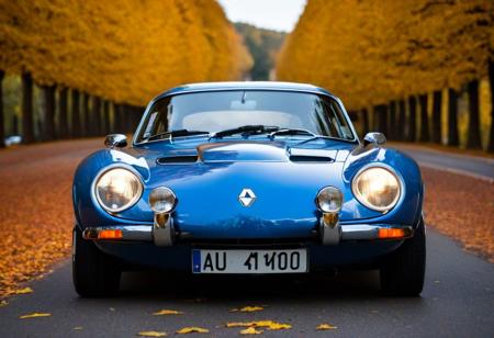 classic car, blue Renault Alpine A110, front view, autumn leaves, vintage, collector's car, chrome details, rally lights, European car, license plate visible, sports coupe, curved road, shallow depth of field, bokeh background, fall colors, reflective surface, clear sky, daytime, sharp focus on vehicle, photography,