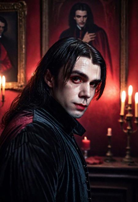 Portrait Photo a portrait, natural and hyperdetailed photography, a  psychopath vampire man , in dracula room  in dirty dark castle, black very sorth hair,  looking straight to camera, sweaty, vampire skin, Red eyes, very accurate photo, suspiria, very detailed dracula Clothes, serious , (mistery:1.2) (precise image:1.4) , pale skin,(many details in background)(cinematic ambient:1.3)