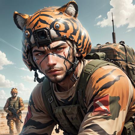 <lora:TigerstripeAI-15:0.8>TigerstripeAI human soldier, human face