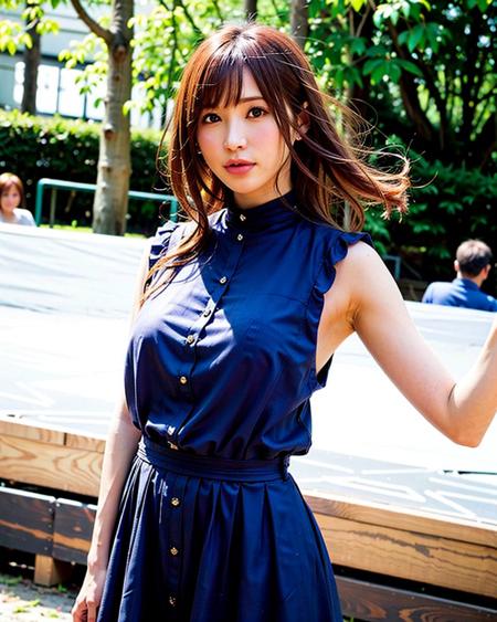 best quality, 1girl, (skindentation), (huge breast:1.2), (blur background:0.6), (street:1.2), (people, crowds:1), garden, day, outdoor, (casual yet stylish, elegant cloth, high neck dress:1.5), gorgeous, (bangs, short hair:1.5), (floating hair:1.2), (dynamic pose:1.2), soft lighting, wind, (front light:1.5),  makeup,  <lora:JAV_moe_a_v1.1:0.65>