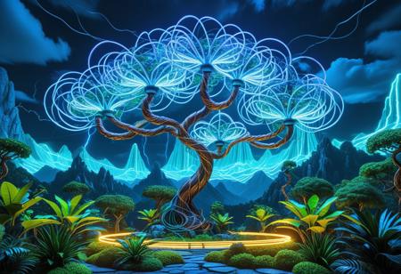 lazypos, terrariabackground, blue sky, mountainous horizon, tree, neon, wires, made of wires, cables, outlined with wires and neon, neon outlines, wire sculpture, neon wire sculpture, exotic and primordial scenery on a distant world, very aesthetic, extremely detailed and realistic, dragon with scales of interlaced copper coils hovering over a bioluminescent cyber-jungle, vines fused with LED filaments, trees pulsing with electric sap, stormy sky crackling with prismatic energy bolts, end_tripwire_morph humor, wit, mythology, ancient, Masterpiece