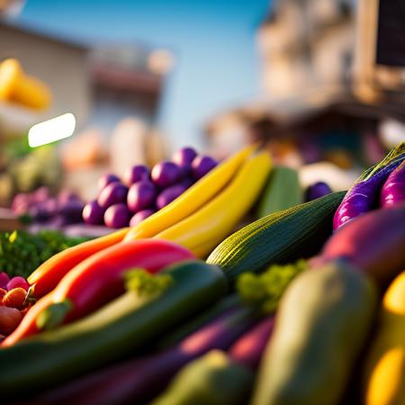 award winning photography, an outdoor vegetable market, sunny, high details, cinematic atmosphere, iridescent, modelshoot style, dreamlikeart, dramatic lighting, trending artstation, saturated colors, 
art by SEL-FOC