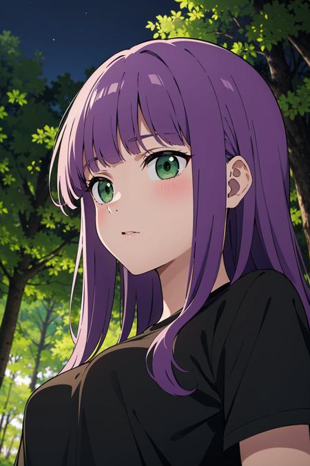 (masterpiece), best quality, expressive eyes, perfect face, solo, 
long hair, wavy hair, blunt bangs, purple hair, green eyes, medium breasts, black t-shirt,
forest, night, portrait, from below, from side,